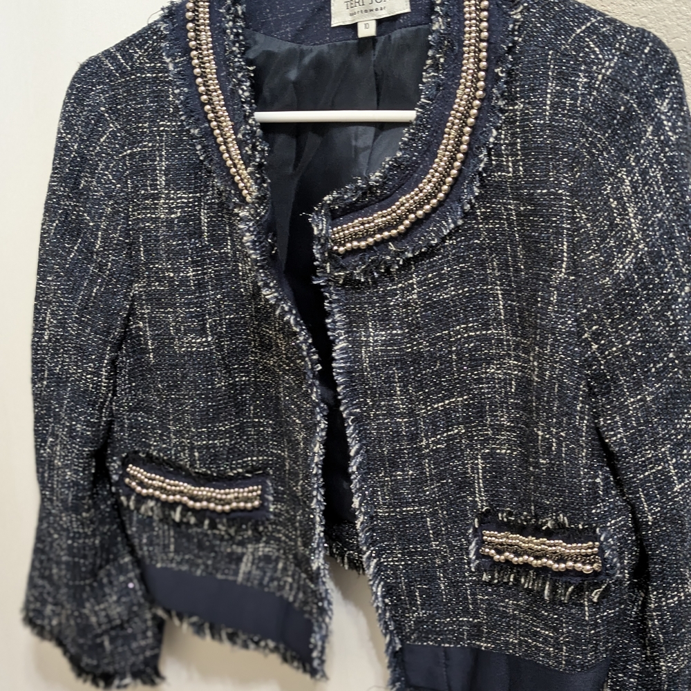 Teri Jon Blue Cropped Blazer with Textured Design